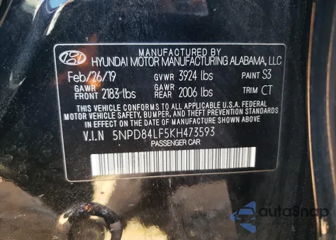 2019 Hyundai Elantra Sel z USA, uszkodzony, nr VIN 5NPD84LF5KH473593